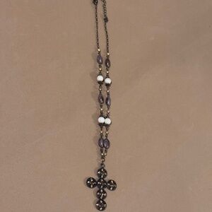 Brown and white "pearl" cross necklace